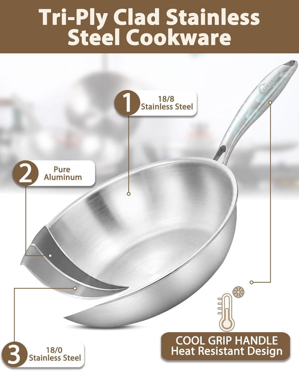 13-Inch Tri-Ply Stainless Steel Wok Pan with Lid | Detachable Handle | Stir-Frying Pan | Induction Wok | Dishwasher and Oven Safe | Heavy-Duty | Flat-Bottom3