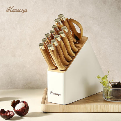 Knife Set, 15 PCS Kitchen Knife Set with Block and Sharpener | German Stainless Steel Gold Chef Knives Set with Ergonomic Wood Grain Handle, Ultra Sharp Cooking Knives Utensils Set3