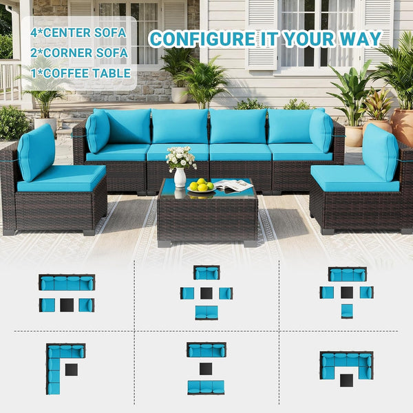 7Pcs Outdoor Patio Furniture Sets,Rattan Conversation Sectional Set,Manual Weaving Wicker Patio Sofa with Tea Table6