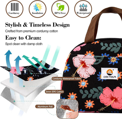 Lunch Box for Women Girls Teens,Cute Lunch Box Cooler Bag, Portable Insulated Small Lunch Bag Women Reusable Corduroy Lunch Tote for Work/Travel/Picnic/School (Flower)4