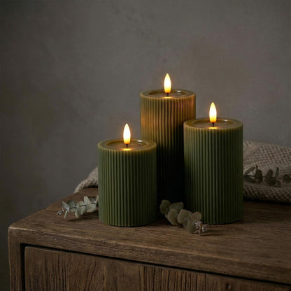 Ribbed Fluted Real Wax Flameless LED Pillar Candles, Loden Sage Olive Green, Melted-Wax Top Look, Flickering Flame, Battery Operated, Remote & Timer, Shelf & Wedding Decor (Set of 3)3