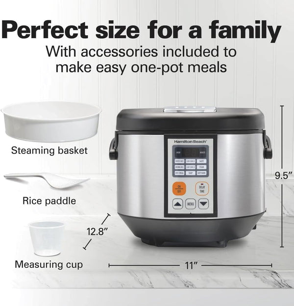Hamilton-Beach Multi Cooker Rice Cooker, Slow Cooker, Food Steamer 4.5 Quart Capacity - Silver/Black8