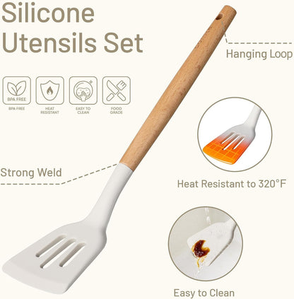 10-Piece Kitchen Utensils Set with Wood Cool-Touch Handles, Cream | Silicone Cooking Utensil, Food Grade, Nonstick Cookware Friendly, Bpa-Free, Heat-Resistant, Everyday Home Essentials, Gifts3