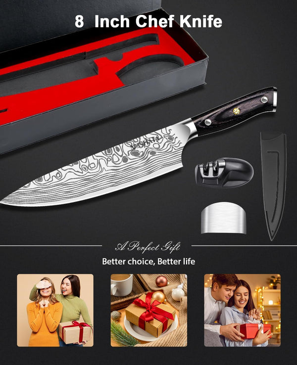 8" Super Sharp Professional Chef'S Knife with Finger Guard and Knife Sharpener, German High Carbon Stainless Steel EN1.4116 with Micarta Handle and Gift Box9
