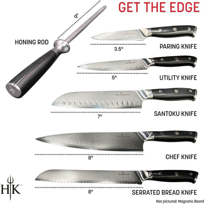 7-Piece Complete Damascus Knife Set, Magnetic Knife Holder, Honing Rod, 67-Layer Japanese Blades, Full Tang Ergonomic Handles, Professional Quality | 67 Layer Japanese Blades, Full Tang Ergonomic Handles, Magnetic Knife Holder, Honing Rod, 7 Pieces3