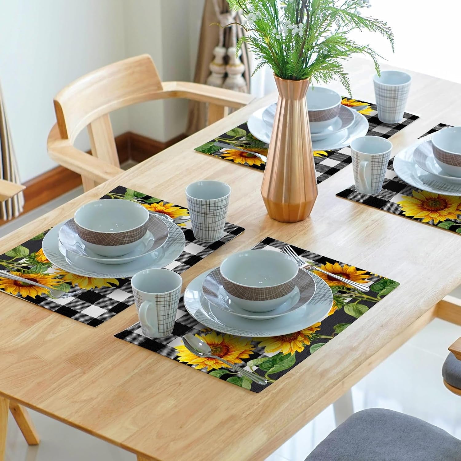 sunflower-placemats-set-of-4-buffalo-plaid-place-mats-12x18-farmhouse-table-mats-spring-summer-kitchen-mats-for-party-dining-table
