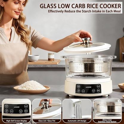 3L Low Carb Rice Cooker, Multi-Rice Cooker with Auto Lift Filter Basket, Separate Rice from Soup, Steam or Boil, Smart Touchscreen Precise Temperature Control, for Home Use3