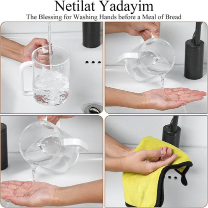 2 Pcs Judaica Hand Washing Cup with Dual Handles,5" Acrylic Clear Netilat Yadayim Cup Lota for Bathroom(White Handle)6