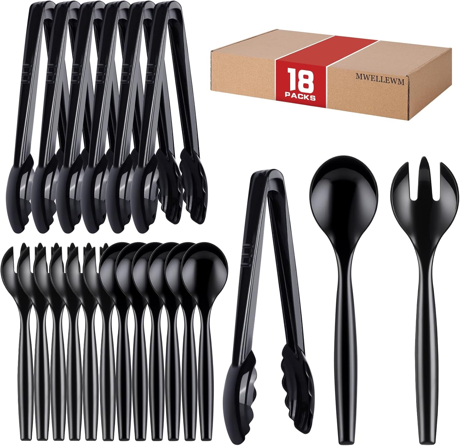 plastic-serving-utensils-set-disposable-tongs-spoons-for-buffet-10inch-heavy-duty-bpa-free-18pc-party-catering-supplies-buffet-display-utensils-for-restaurant-wedding-banquet-food-black