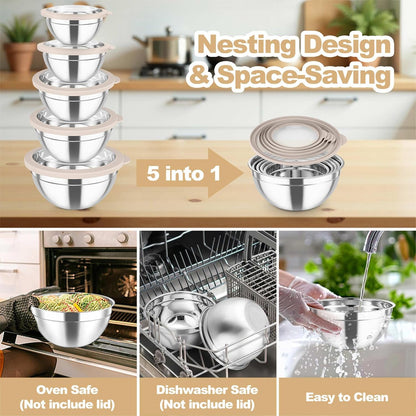 Mixing Bowls Set, Stainless Steel Salad Bowl with Lids, Khaki7