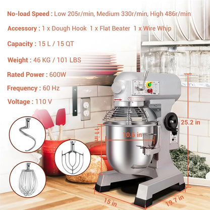 15Qt Commercial Mixer, Commercial Food Mixer 3 Adjustable Speeds with Timing Function, Heavy Duty Stand Mixer with Stainless Steel Bowl for Bakery Pizzeria Bread Dough (Upgraded)6