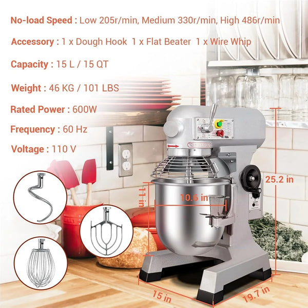 15Qt Commercial Mixer, Commercial Food Mixer 3 Adjustable Speeds with Timing Function, Heavy Duty Stand Mixer with Stainless Steel Bowl for Bakery Pizzeria Bread Dough (Upgraded)6