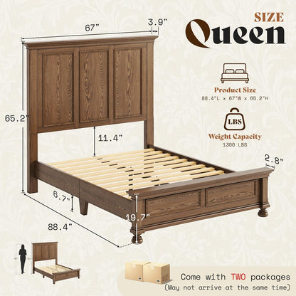 Solid Wood Queen Bed Frame with 65.2" High Headboard2