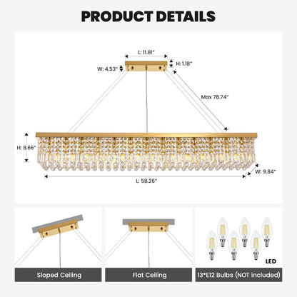 Rectangle K9 Crystal Chandelier Modern Gold Crystal Chandelier Rectangular Pendant Lighting Fixture for Dining Room Kitchen Island Bedroom L59'' X W10'' X H9''7