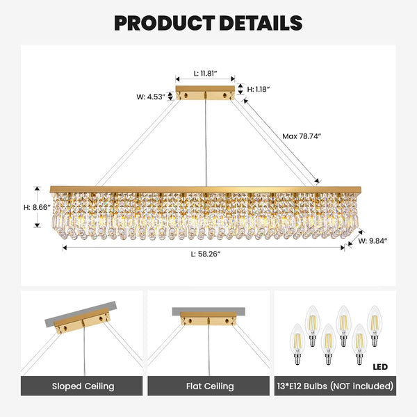 Rectangle K9 Crystal Chandelier Modern Gold Crystal Chandelier Rectangular Pendant Lighting Fixture for Dining Room Kitchen Island Bedroom L59'' X W10'' X H9''7