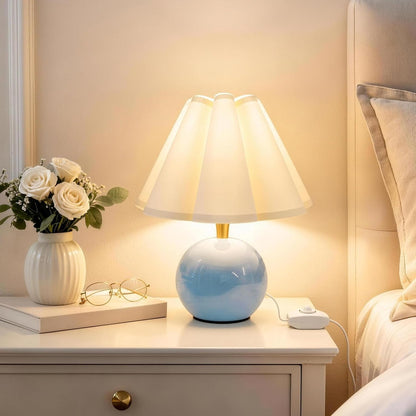 Small Bedside Table Lamp, 11.8'' Ceramic Stepless Dimmable Lamp (Blue) | with Scalloped Fabric Shade for Nightstand & Living Room. Perfect for Quiet Nights to Create a Cozy, Relaxing Atmosphere1