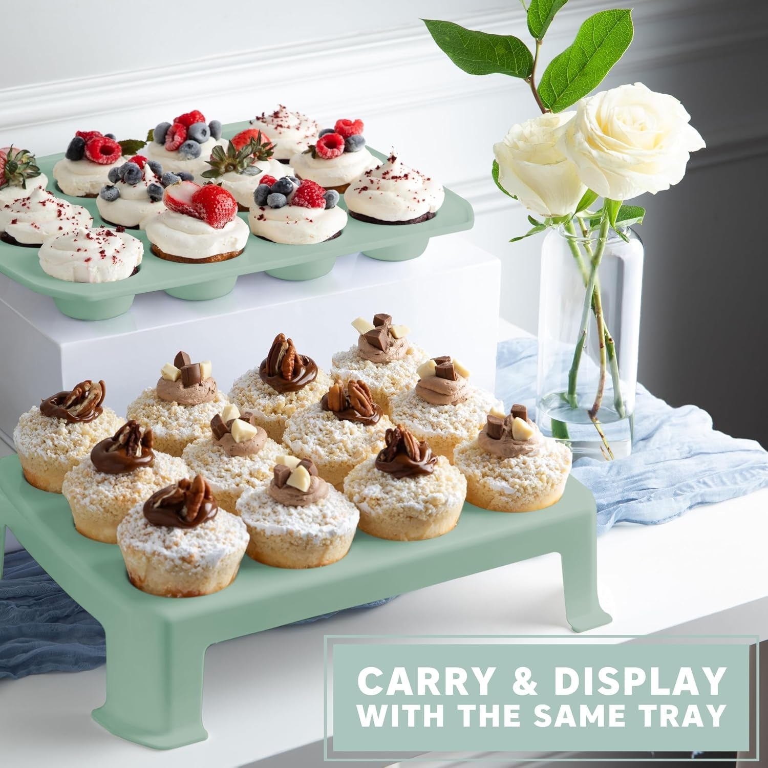 extra-tall-dome-24-cupcake-carrier-green-cupcake-holder-carries-24-cupcake-storage-container-muffin-traveler-two-tier-stand-reusable-cupcake-box