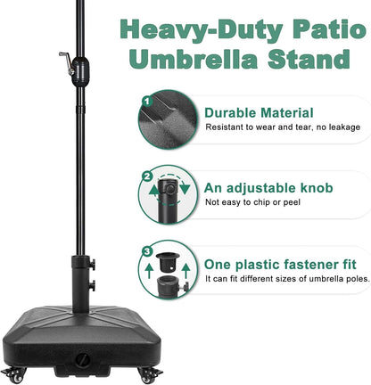 Patio Umbrella Base Heavy Duty with Wheels Square Market Stand for Outdoor 4 Locks 2 Knobs 125Lb Capacity, Black6