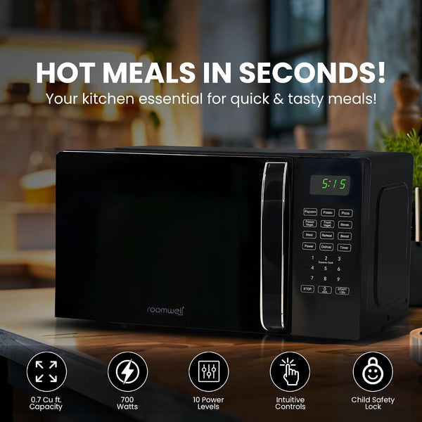 0.7 Cu Ft Microwave Countertop Small with Digital Display, 700 Watt Microwave Black Has 10 Power Levels & Auto Defrost Function Mini Microwave Oven Compact with Child Lock for Dorm, Home, Office5