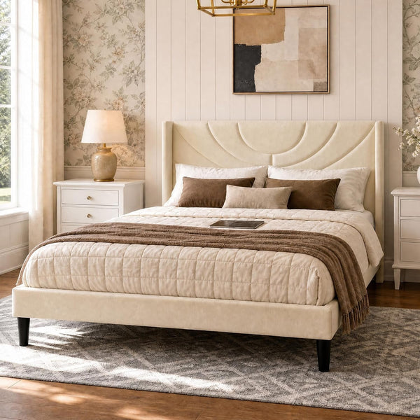 Upholstered Platform Queen Size Bed Frame with Fabric Headboard,Wooden Slats Support/No Box Spring Needed/Mattress Foundation,Beige3
