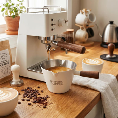 Espresso Measuring Cup with Handle, DV 6.8Oz/200Ml Stainless Steel Espresso Cups with Walnut Wood Handle & Double Spouts, Cream White Coffee Measuring Cup9
