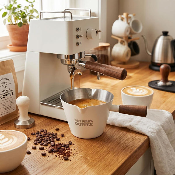 Espresso Measuring Cup with Handle, DV 6.8Oz/200Ml Stainless Steel Espresso Cups with Walnut Wood Handle & Double Spouts, Cream White Coffee Measuring Cup9