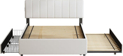 Queen Size Upholstered Platform Bed W/Trundle Bed & 2Storage Drawers7