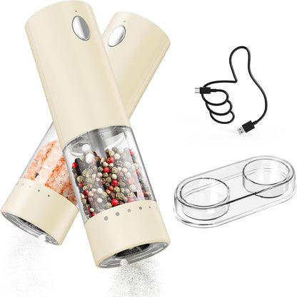 Electric Salt and Pepper Grinder Set Rechargeable Salt and Pepper Mills with Storage Base, Adjustable Coarseness and LED White Light, Washable 95Ml Container, Light Yellow1