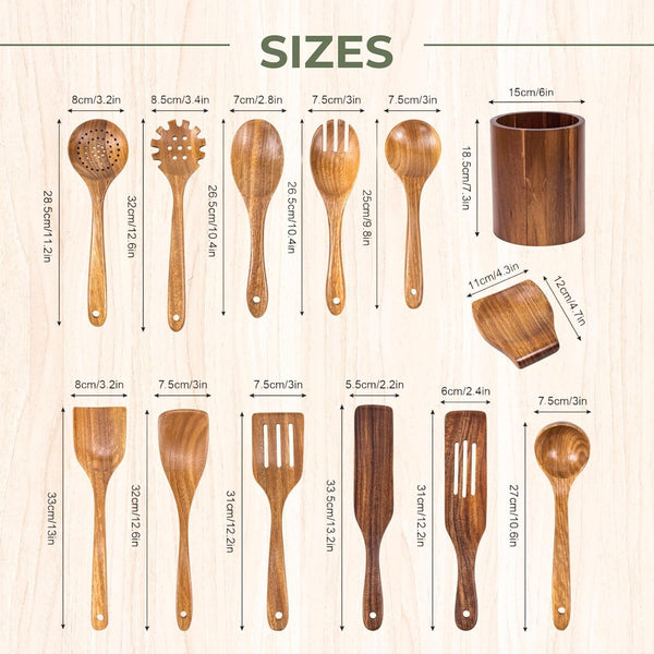 XXL Wooden Utensil Set, 13-Piece Acacia Wood Tools with Holder & Spoon Rest4