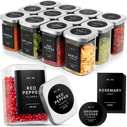 Glass Spice Jars with Labels and Steel Lids (12 X 6.4Oz) Spice Containers with 160 Label, Steel Funnel, Shaker Inserts, Empty Square Seasoning Organizer for Spice Rack, Cabinet, Drawer1