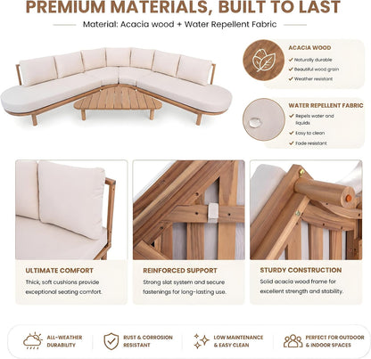 Gemsy 118" Acacia Wood Outdoor Patio Furniture Set with Cushion, Outdoor Half Moon Curved Sectional Sofa Set with Coffee Table, Patio Sectional Sofa Set, Beige+Light Teak21