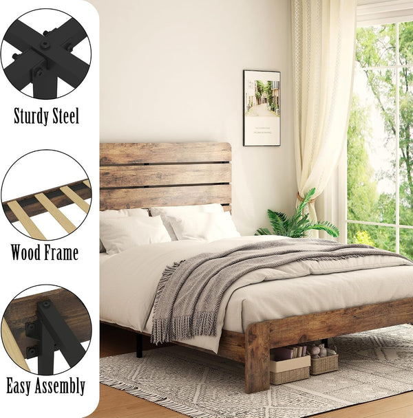 Wooden King Size Bed Frame with Linear Headboard, Rustic Platform3