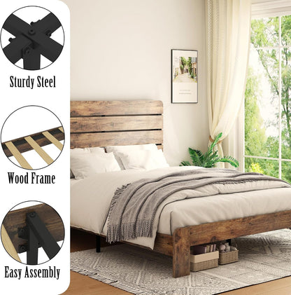Wooden Full Size Bed Frame with Linear Headboard, Rustic Platform3