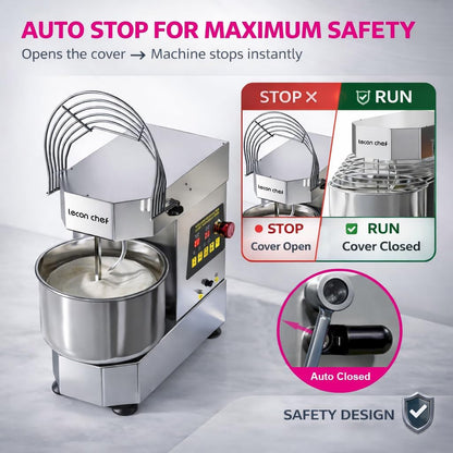 Commercial Spiral Dough Mixer, 10.5Qt 750W Electric | Dual Rotating Dough Kneading Machine, Timer & Safety Shield, Stainless Steel Bowl for Bakery Pizzeria5