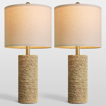 Boho Lamps Set of 2, 25.5" Coastal Farmhouse Bedside Lamps, Resin Woven Rattan-Look Nightstand Lamps with Linen Shade & Rotary Switch for Bedroom Living Room Home Decor9