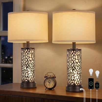 25" Farmhouse Table Lamps Set of 2 with USB A+C Ports and Night Light1