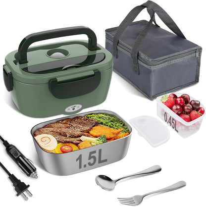 Electric Lunch Box for Adults, 80W Heated Lunch Box Portable Food Warmer Lunch Box for Work/Men/Car/Truck with 1.5L 304 Stainless Steel Container Fork & Spoon, 110V/12V/24V1