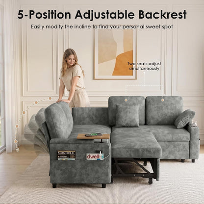 81'' Modular Sectional Sofa with Pull Out Bed, 5-Seater L Shaped Sleeper Sofa with Adjustable Backrest | Side Table | USB Charging Ports, Sectional Couches for Living Room(Chenille, Grey)4
