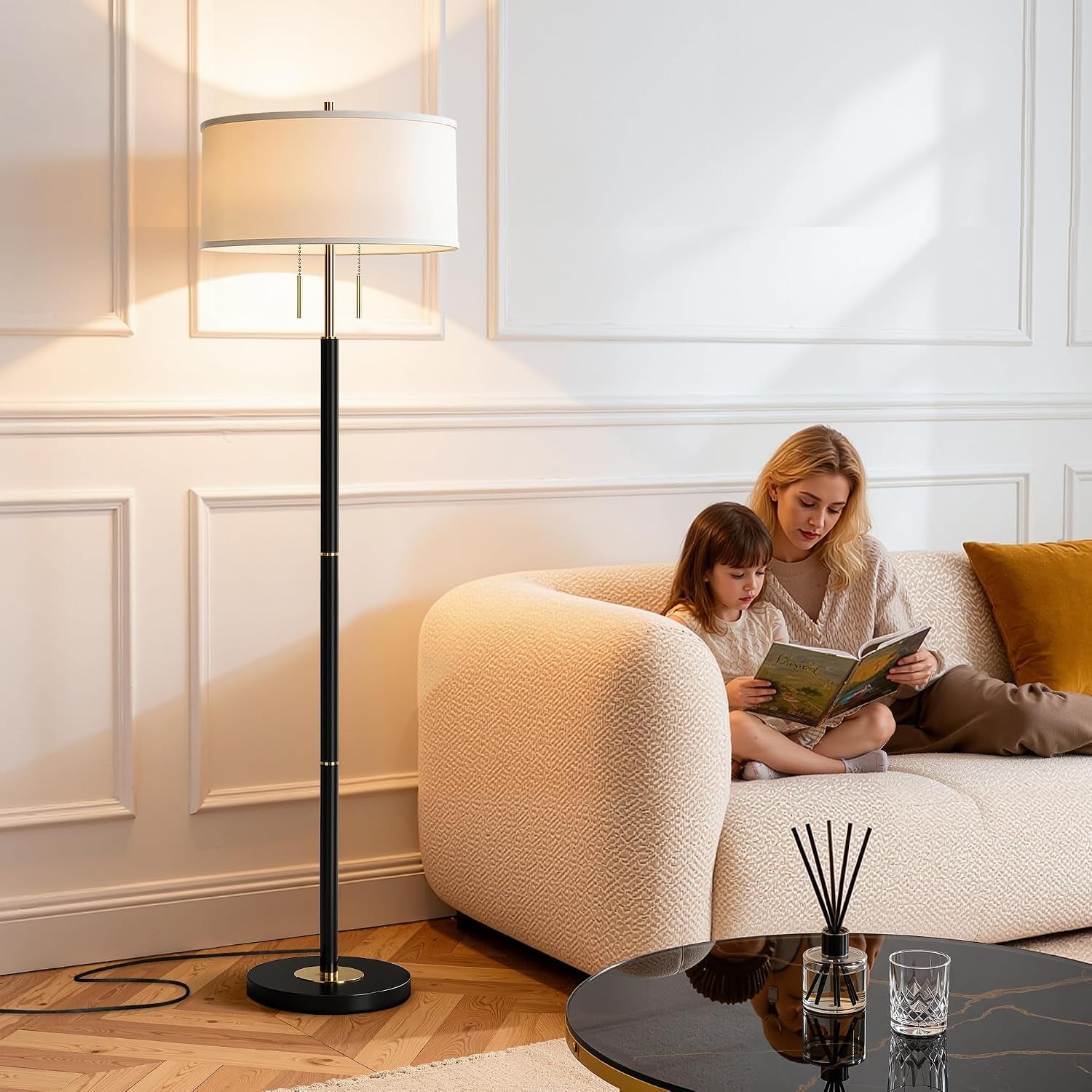 2-light-mid-century-modern-floor-lamp-standing-lamp-with-fabric-shade-and-pull-chain-switch-tall-floor-lamp-for-living-room-bedroom-office-corner-black-2x-3cct-bulb-included