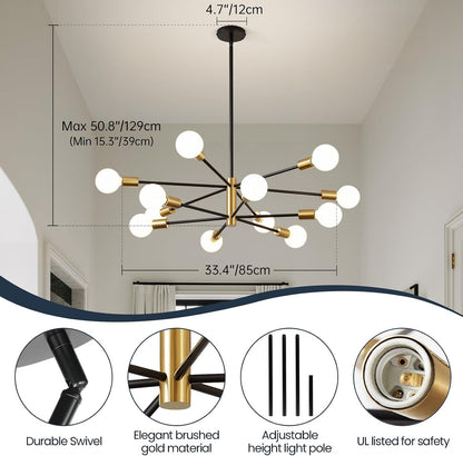 Modern Chandelier Ceiling Light Fixture - 33.4" 12-Light Gold and Black Sputnik Chandeliers, Height Adjustable Industrial Farmhouse Pendant Lighting for Dining Room, Living Room, Kitchen Island2