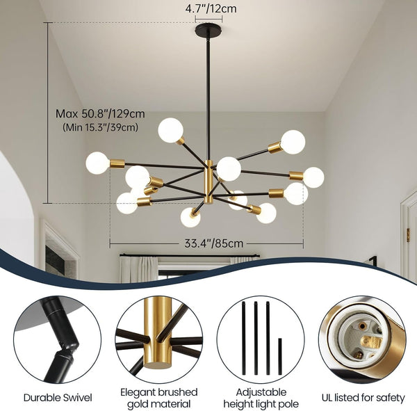 Modern Chandelier Ceiling Light Fixture - 33.4" 12-Light Gold and Black Sputnik Chandeliers, Height Adjustable Industrial Farmhouse Pendant Lighting for Dining Room, Living Room, Kitchen Island2