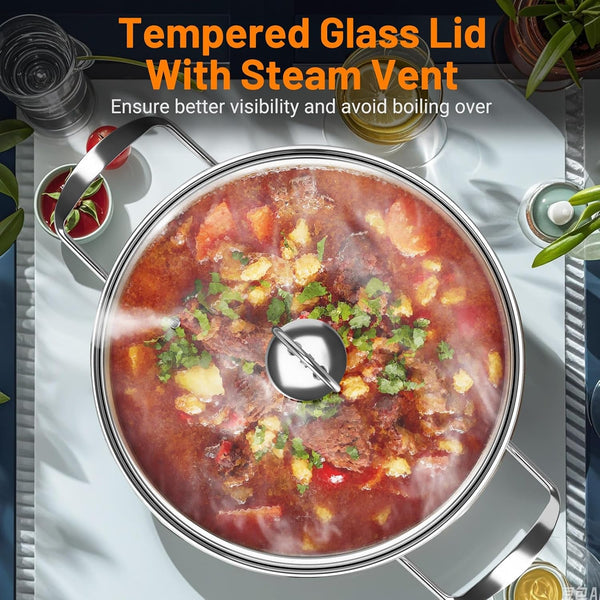 12 Piece Pots & Pans Set, Stainless Steel Cookware Set with Tempered Glass Lids, Handles & 3-Ply Base, 4 Stockpots, 1 Frying Pan & 1 Sauce Pan for Stovetop, Induction, Halogen6