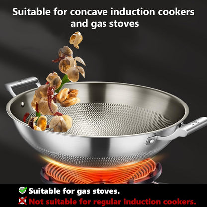 Titanium Wok, Titanium Pans for Cooking, Hammered Pan Pro Cookware | round Bottom Double Handles, PFAS/PFOA/PTFE Free, Non Stick Ultra-Durable Scratch-Resistant Even Heating, with Lid 17.72In5