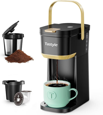 Mini Single Serve Coffee Maker for K Cups and Grounds with Handle | for Travel, Camping, Office, RV and Dorm, Portable Handle, 120V, 6 to 12 Oz Brew Size, BPA Free, K302, Black and Gold1