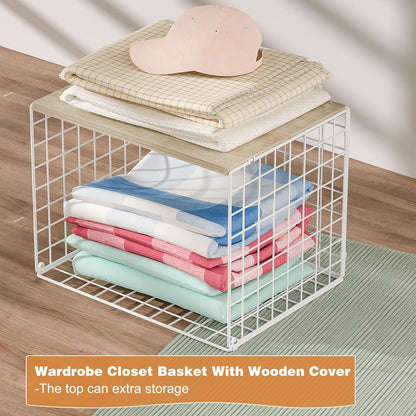 Extra-Long Closet Organizers and Storage with Top Board, 3 Pack Stackable Closet Shelf Organizer, Double Storage Design, Clothes Storage Cube/Bin/Basket for Wardrobe, Space-Saving, White,Sturdy,Metal7