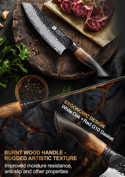 7.6 Inch Sharp Damascus Santoku Knife,Professional 67 Layers Damascus Steel Kitchen Meat Knife for Home and Kitchen,10Cr15Comov Steel Core,With White Oak + Red G10 Gasket Handle5