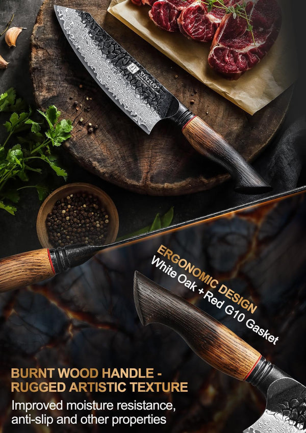 7.6 Inch Sharp Damascus Santoku Knife,Professional 67 Layers Damascus Steel Kitchen Meat Knife for Home and Kitchen,10Cr15Comov Steel Core,With White Oak + Red G10 Gasket Handle5