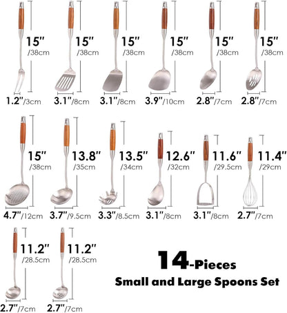 15” Metal Kitchen Utensils Set with Roosewood Handle - 18/10 Stainless Steel Cooking Utensils, 14 PCS Large & Small Spoons Set - Whisk, Masher, Fork, Spatula, Turner, Ladle, Skimmer, Pasta2