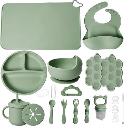 19 Pcs Silicone Baby Feeding Set Eating Essentials for Newborn | Toddler Plates and Bowls Set with Bib Sippy Cup Fruit Feeder Freezer Tray Fork & Spoon Infant Led Weaning Supplies Utensils1