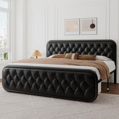 King Size Bed Frame, Upholstered Bed Frame with Faux Leather Headboard, Heavy Duty Platform Bed with Strong Metal Slats, 12 Inch Under-Bed Storage, Noise-Free, Easy Assembly, Matte Black3